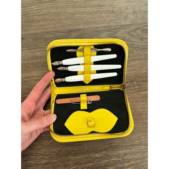 Vintage Griffon Manicure Nail Set Kit Embroidered Leather Austria Yellow AS IS - Picture 6 of 10